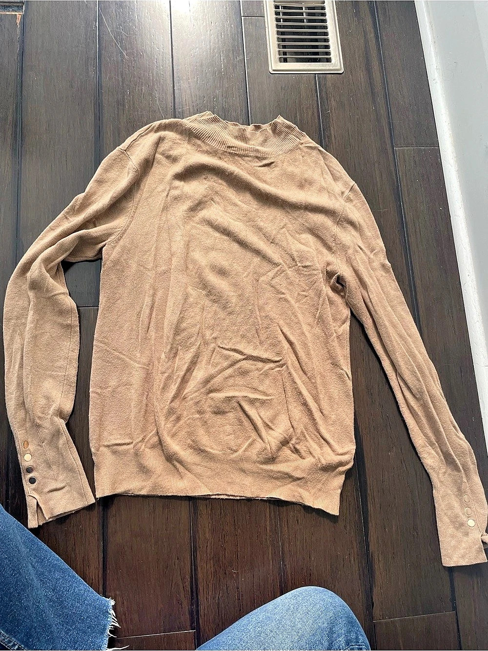 Camel mockneck sweater with gold buttons
